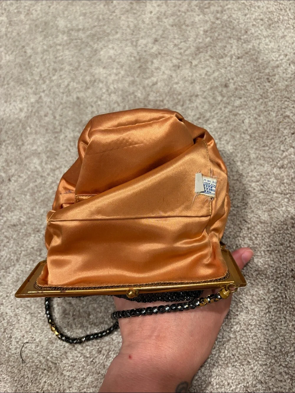 Vintage Whiting & Davis Metal Mesh Black Gold Evening Bag Copper Satin Lining